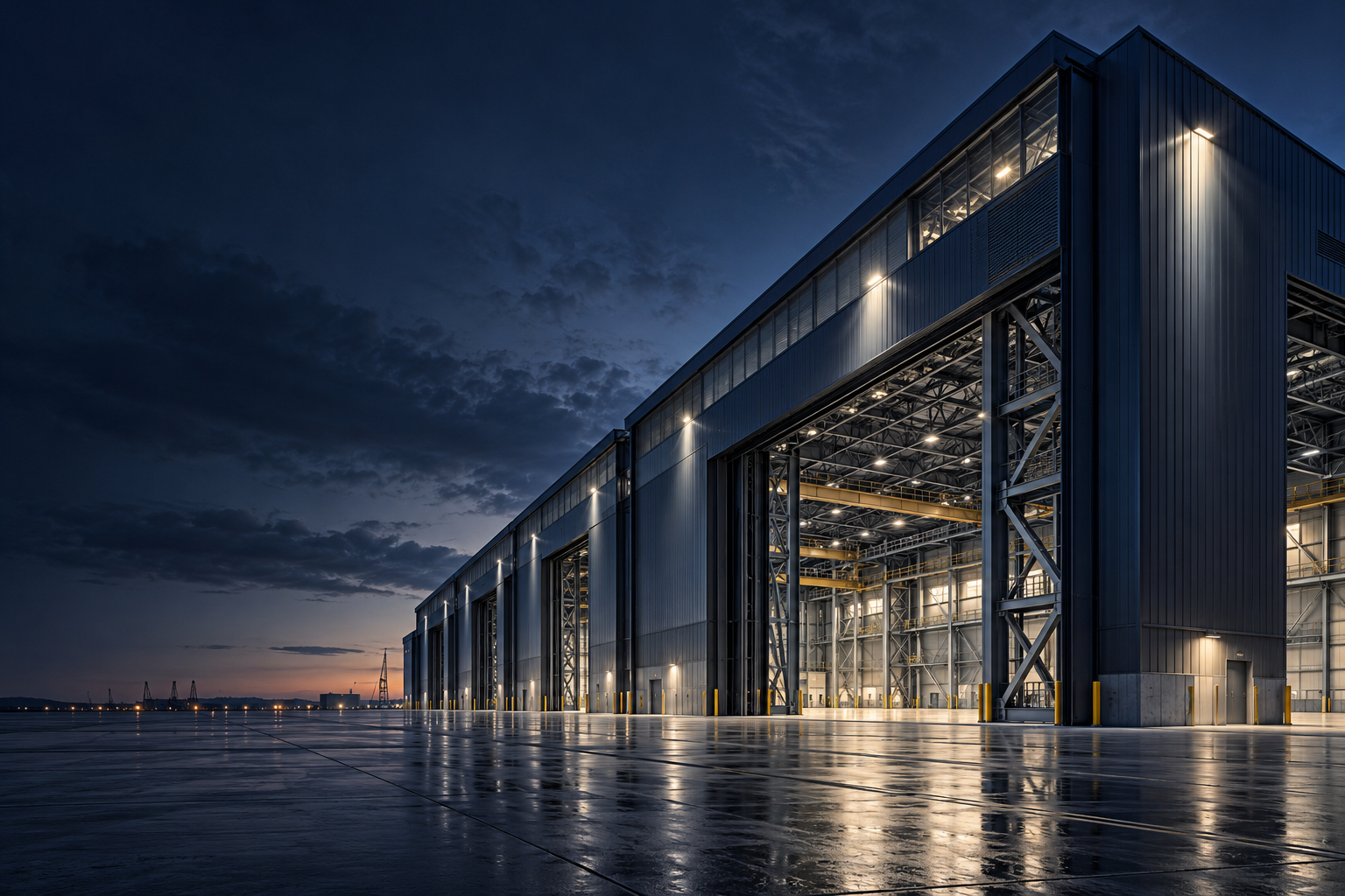 Architectural illustration of a steel industrial facility at dusk