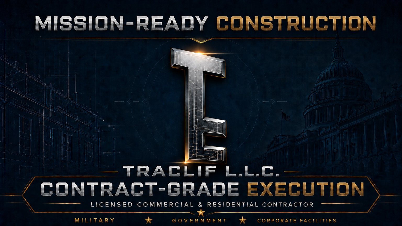 Traclif key emblem in metallic silver and gold. Mission-Ready Construction. Contract-Grade Execution. Military, government and corporate facilities.